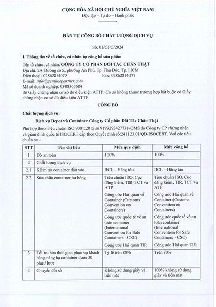 Bản tự công bố Chất lượng dịch vụ Depot & Container