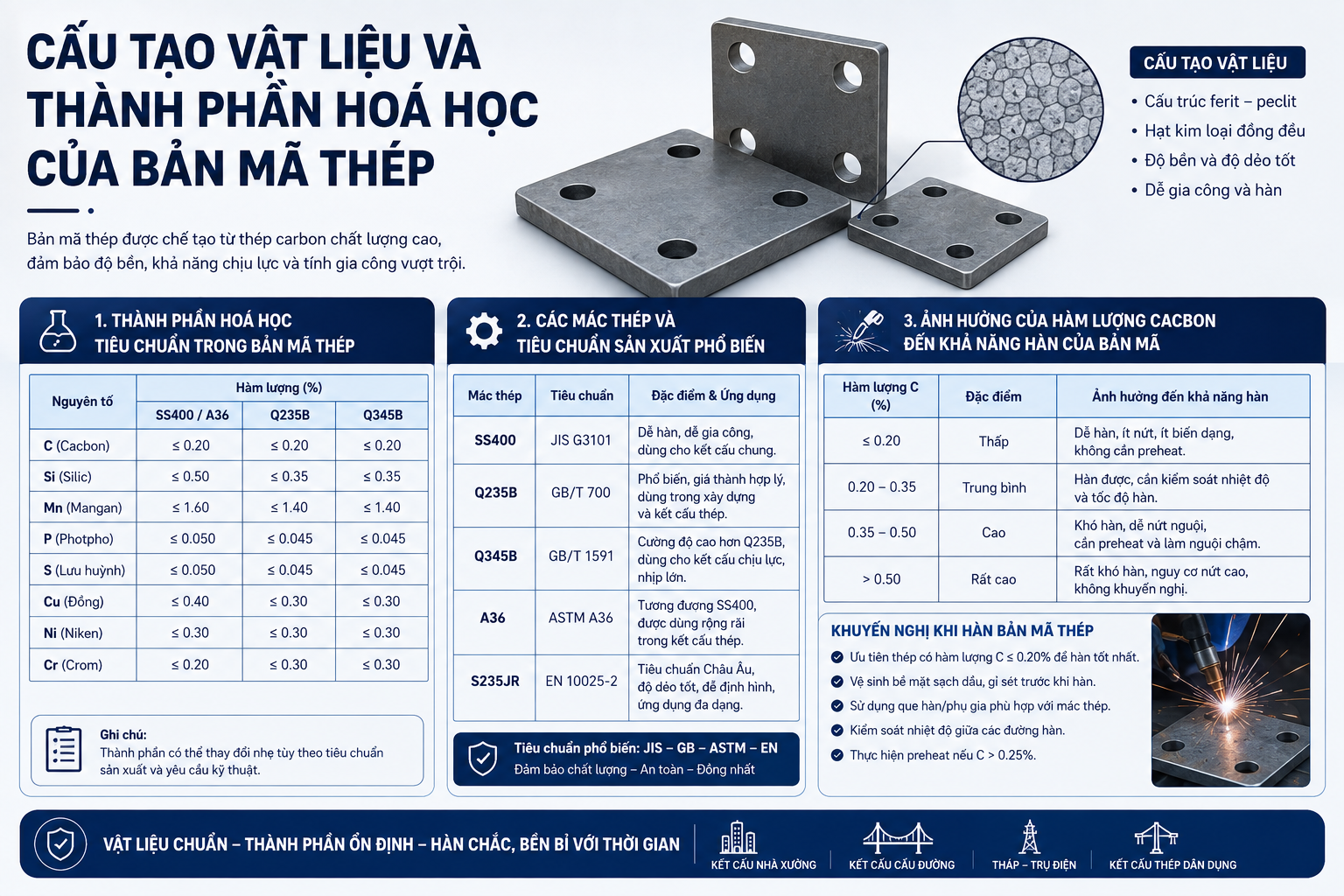 Về mặt vật liệu, thép bản mã được tạo thành từ hợp kim của sắt (Fe) (chiếm trên 98%) và các nguyên tố phụ trợ khác . Thành phần hóa học tiêu chuẩn thường bao gồm: