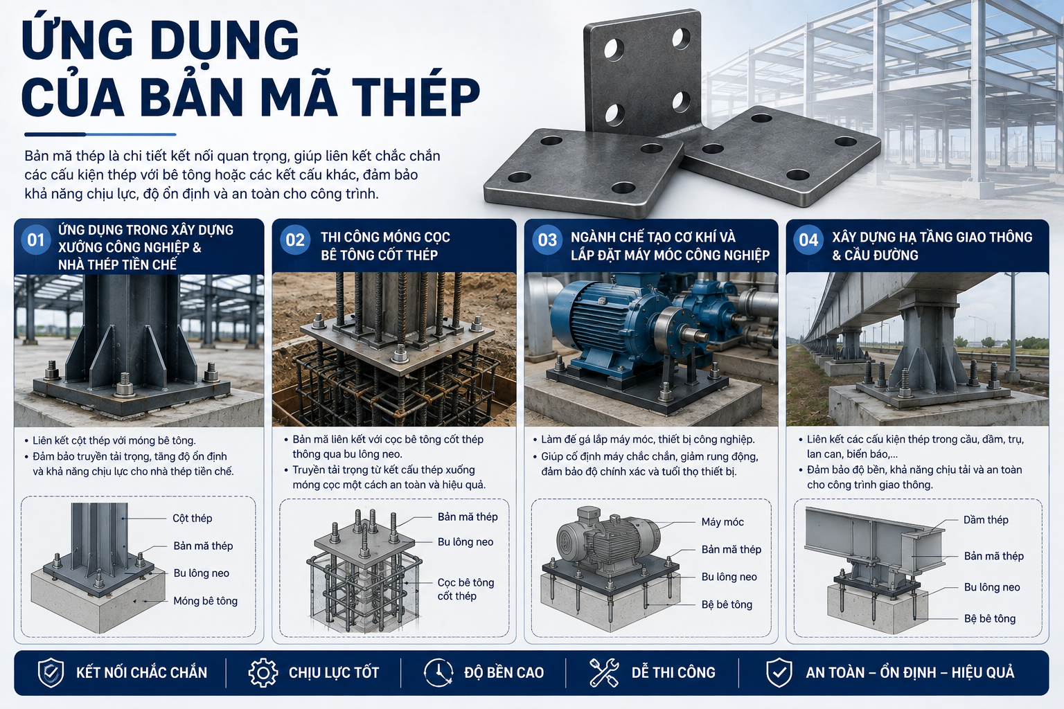 Nhờ khả năng chịu lực vượt trội và tính linh hoạt cao, bản mã thép là thành phần liên kết không thể thiếu trong hầu hết các dự án xây dựng, giao thông và sản xuất công nghiệp hiện đại.