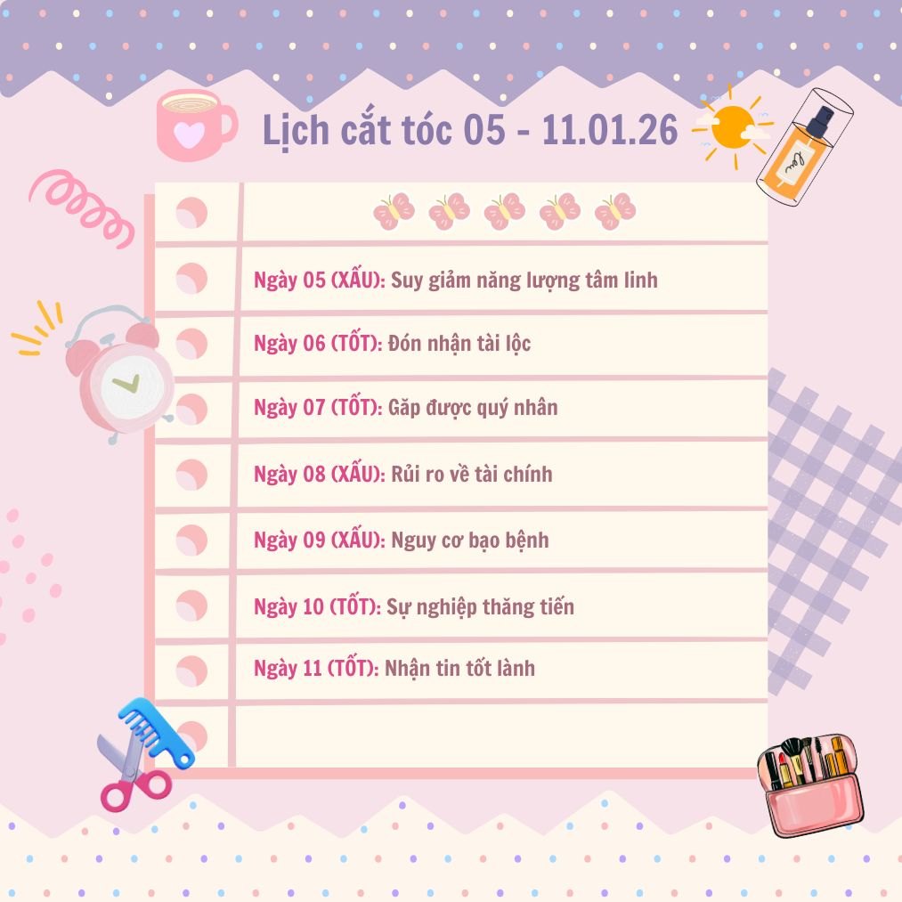 Lịch cắt tóc tuần từ ngày 5.1 đến 11.1.2026