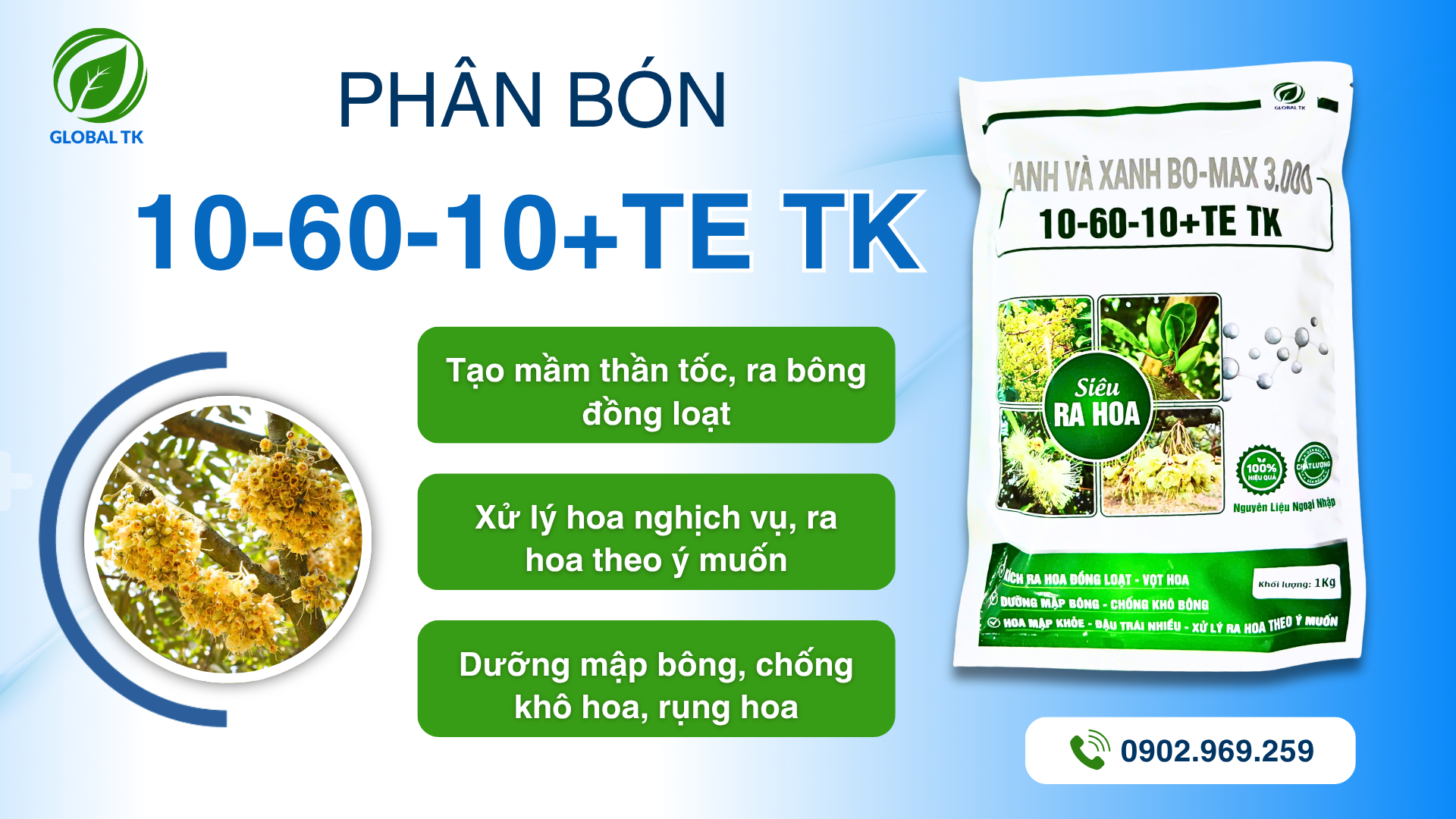 Phân Bón 10-60-10+TE Global TK - Tạo Mầm Thần Tốc, Ra Hoa Đồng Loạt