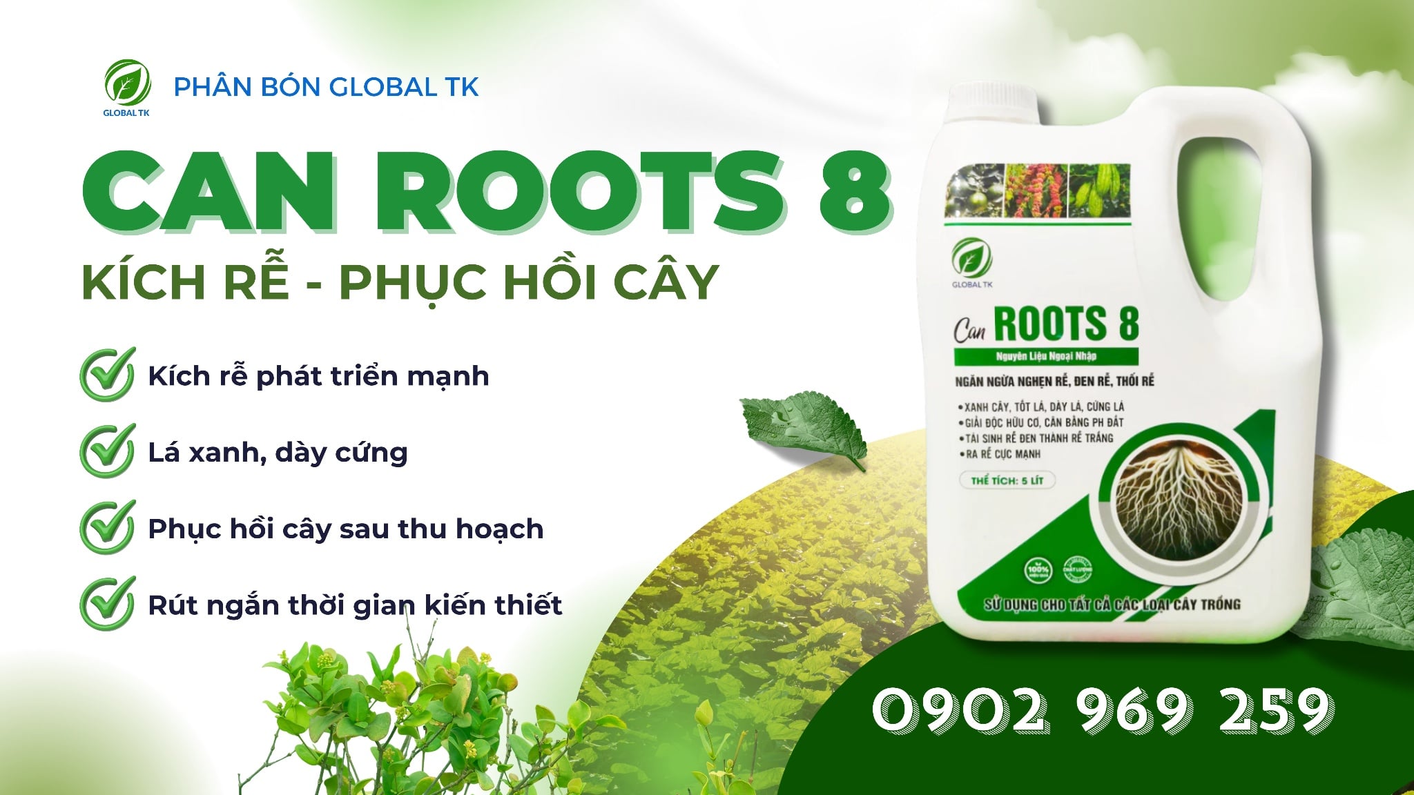 Phân bón Can ROOTS 8 Global TK - Kích Rễ, Phục Hồi Cây Sau Thu Hoạch