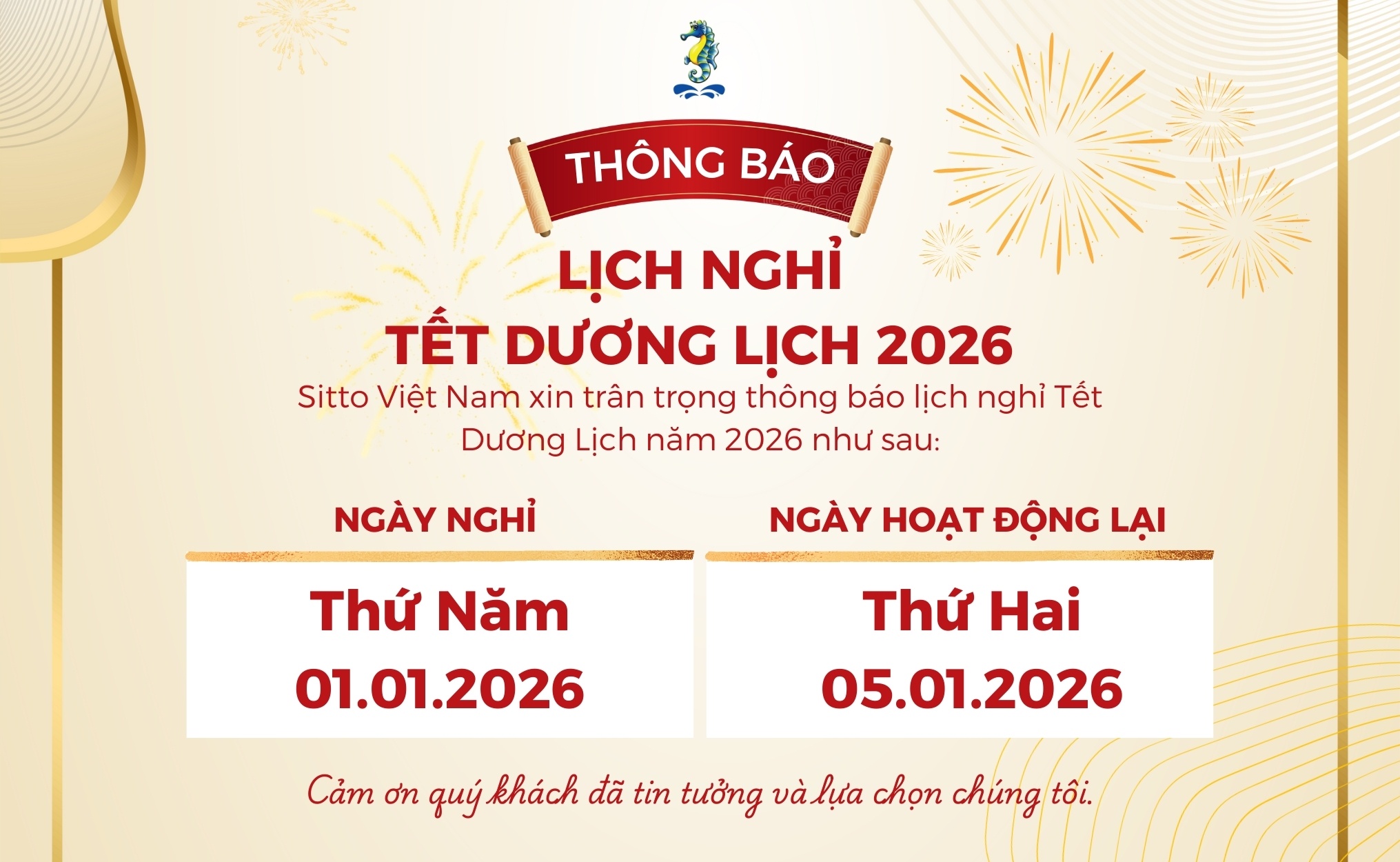 THÔNG BÁO LỊCH NGHỈ TẾT DƯƠNG LỊCH 2026