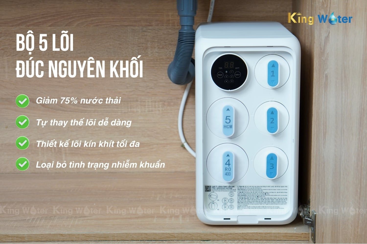 Máy Kangaroo KG400HU sở hữu 5 bộ lõi lọc đúc nguyên khối, dễ dàng thay lõi