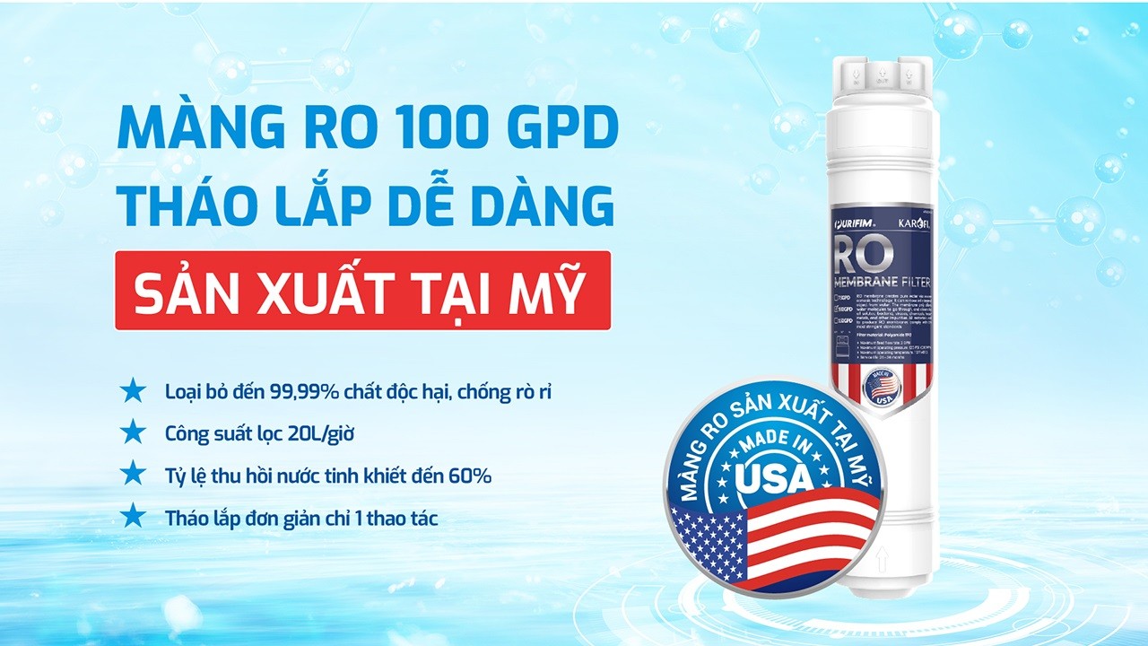 Máy lọc nước Karofi&nbsp;KAD-X69&nbsp;trang bị hệ thống&nbsp;màng RO 100GPD nhập khẩu Mỹ