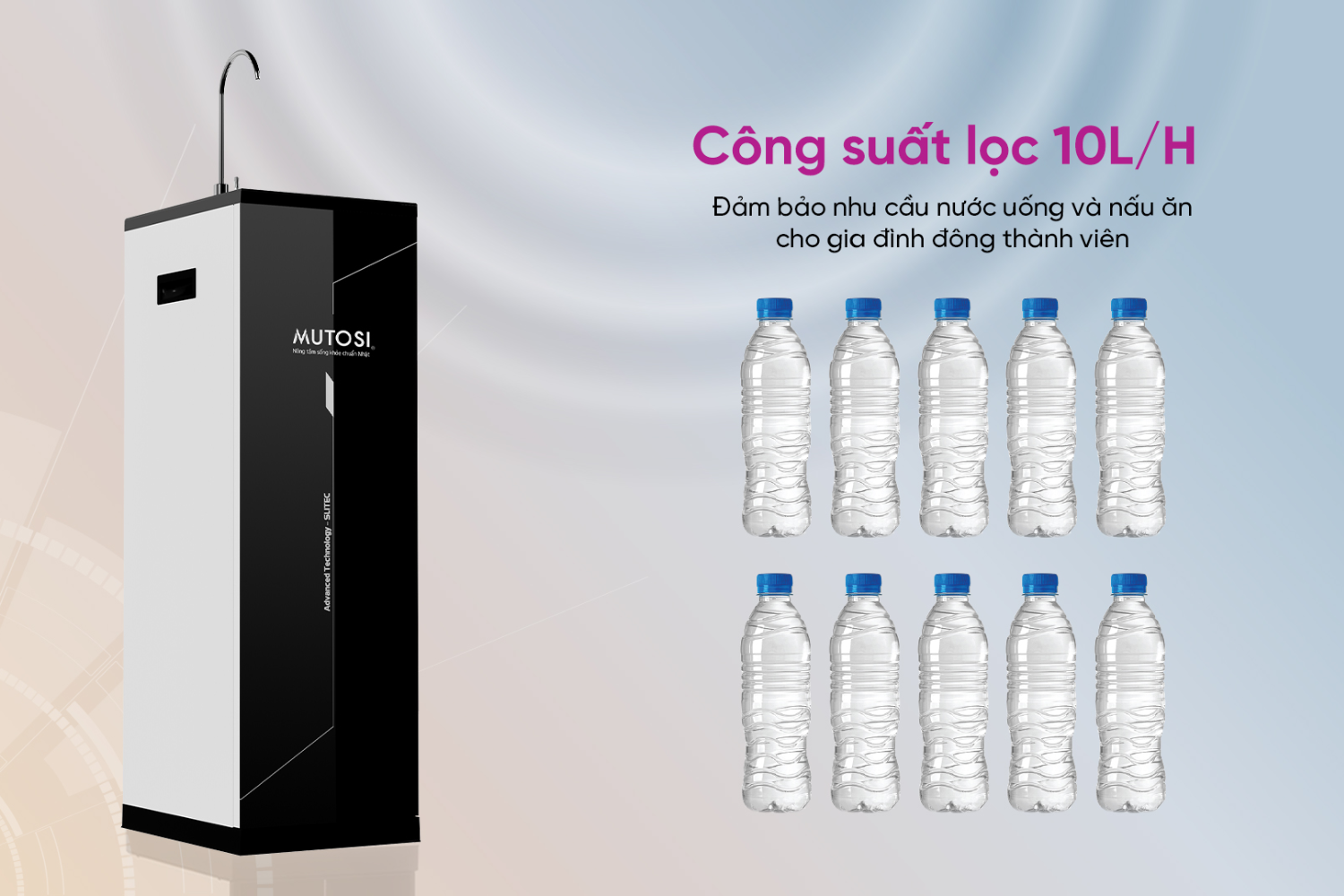 Máy lọc nước Mutosi MP-S1005 sở hữu công suất lọc lên đến 10 lít/giờ