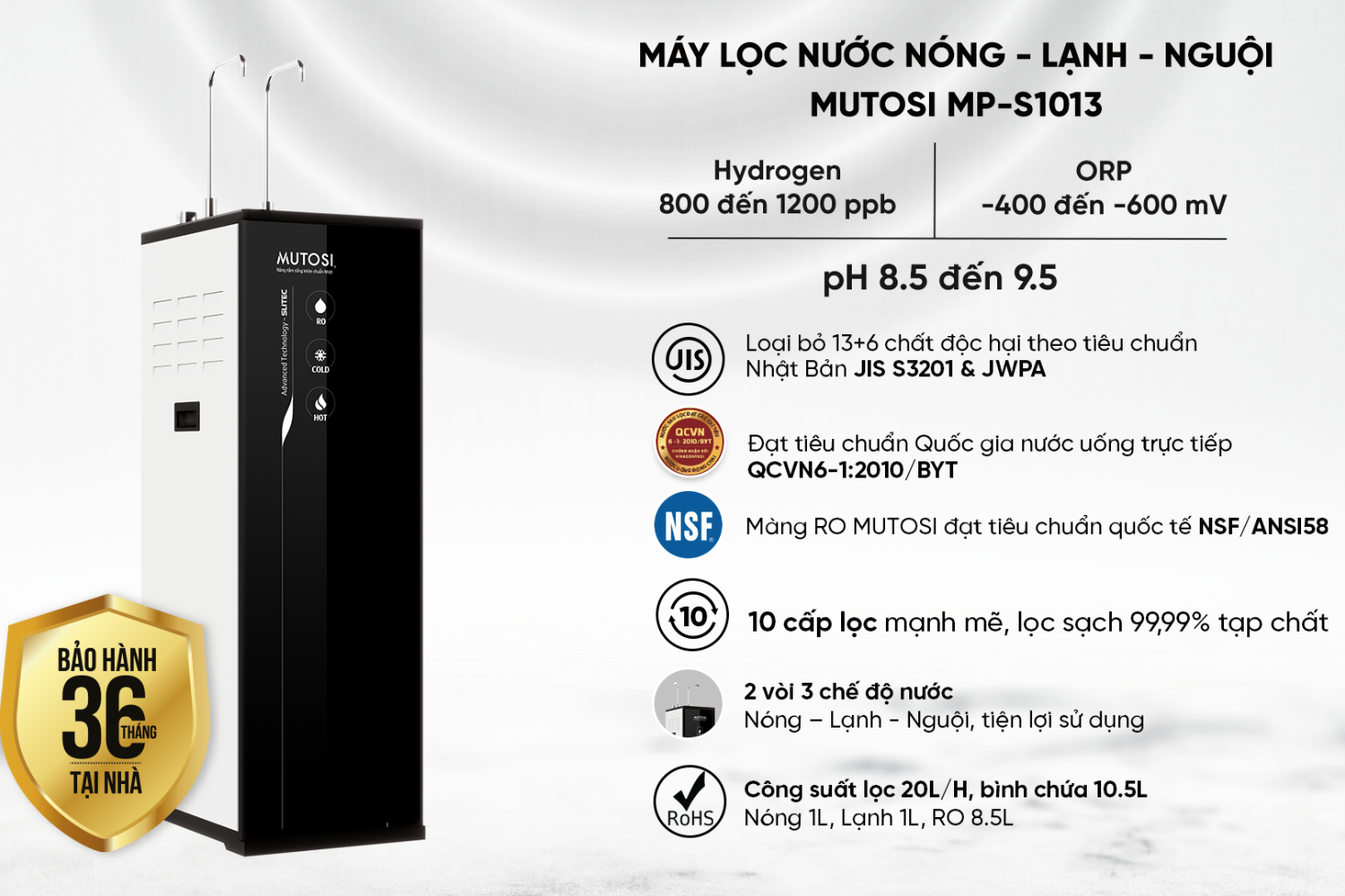 Mutosi MP-S1013 nổi bật với khả năng cung cấp nguồn nước kiềm giàu khoáng chất
