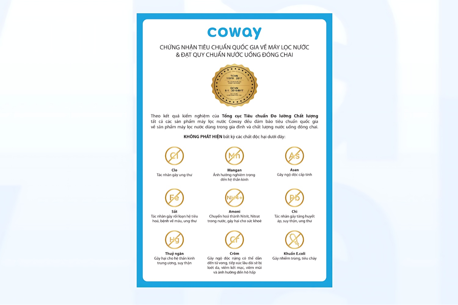 Các sản phẩm Coway đều đạt các chứng nhận cả trong và ngoài nước