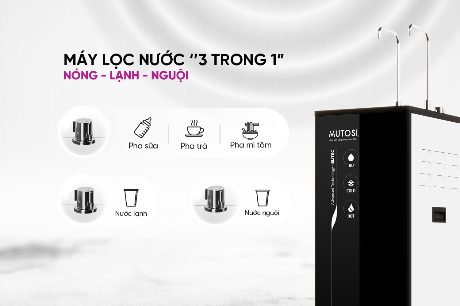 Máy lọc nước Mutosi MP-S1013 được trang bị hai vòi - ba loại nước