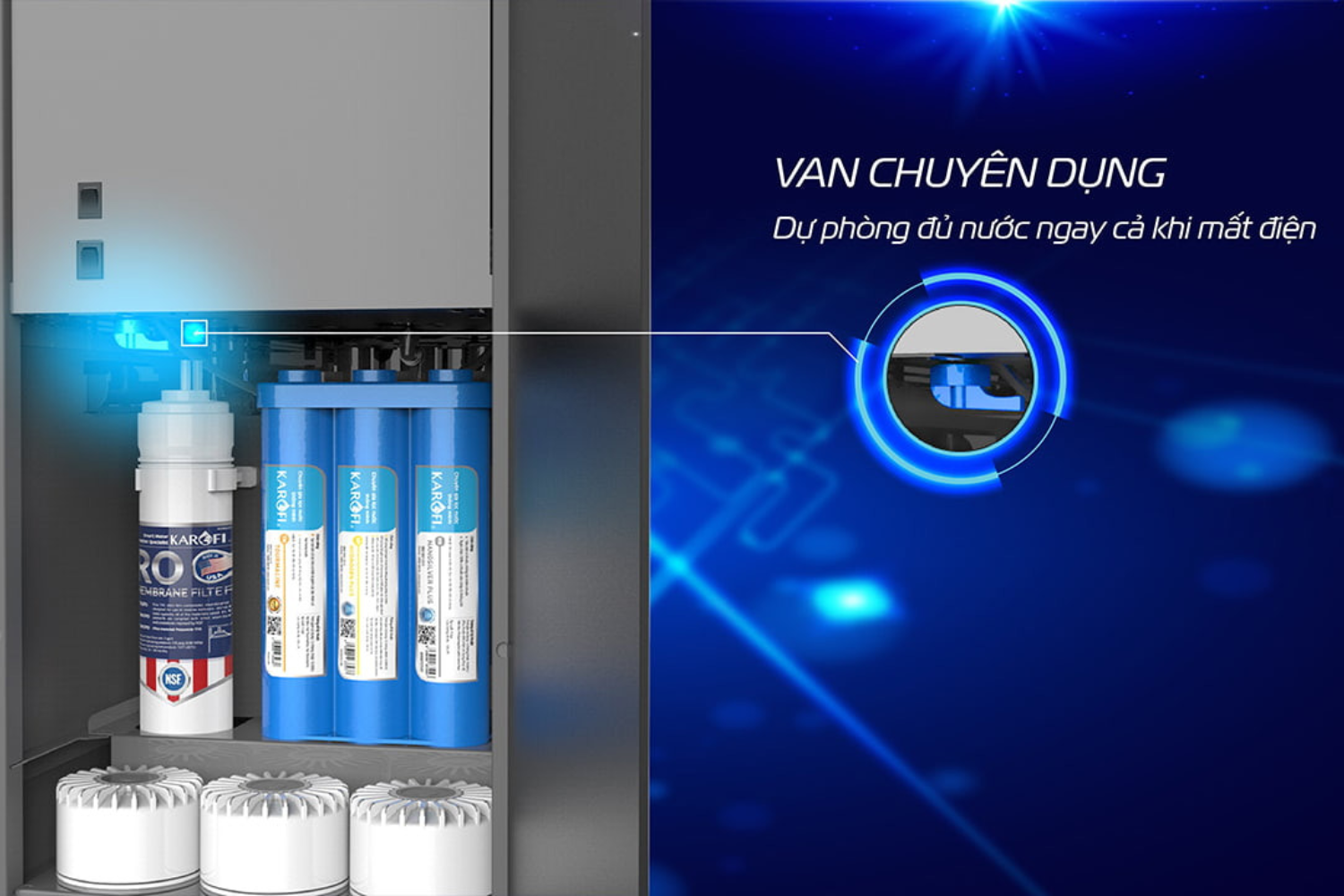 Karofi KAD-N69 vẫn lấy được nước khi mất điện nhờ van chuyên dụng