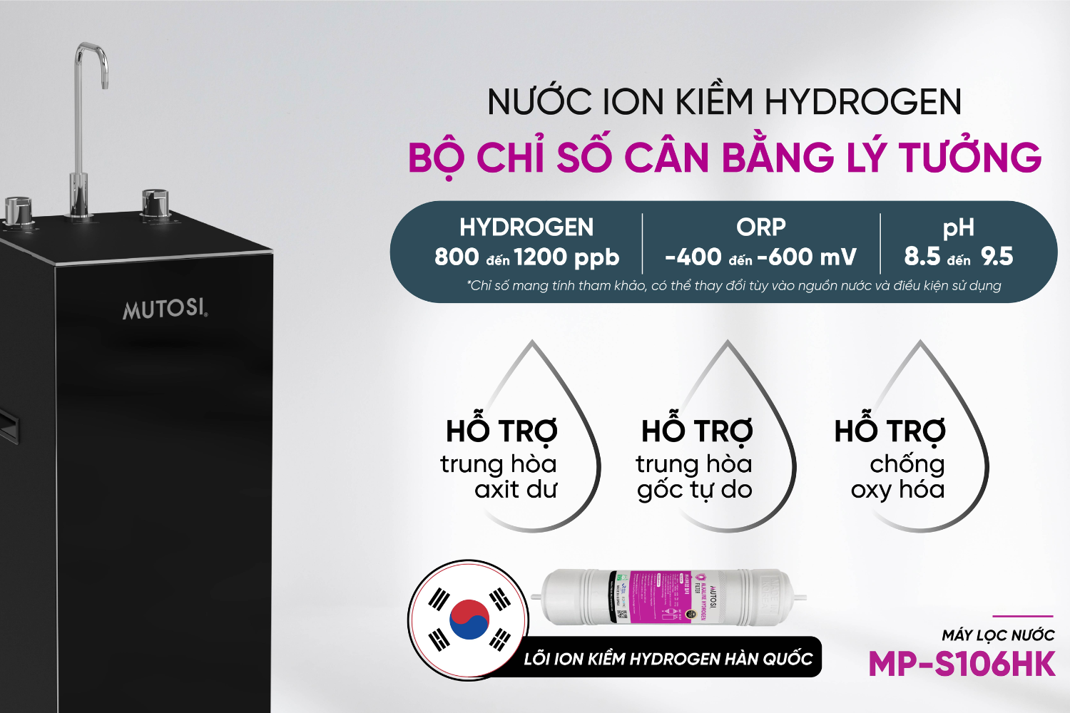 Lõi cao cấp tạo ra nước kiềm tự nhiên pH 8.5 – 9.5, giàu Hydrogen