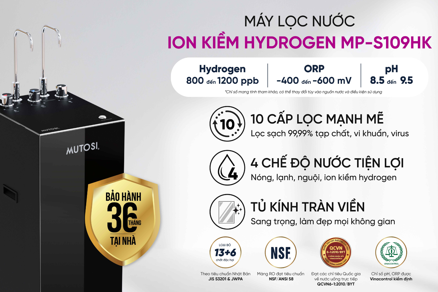 Mutosi MP-S109HK với 10 lõi lọc mạnh mẽ, bao gồm lõi Hydrogen nhập khẩu Hàn Quốc