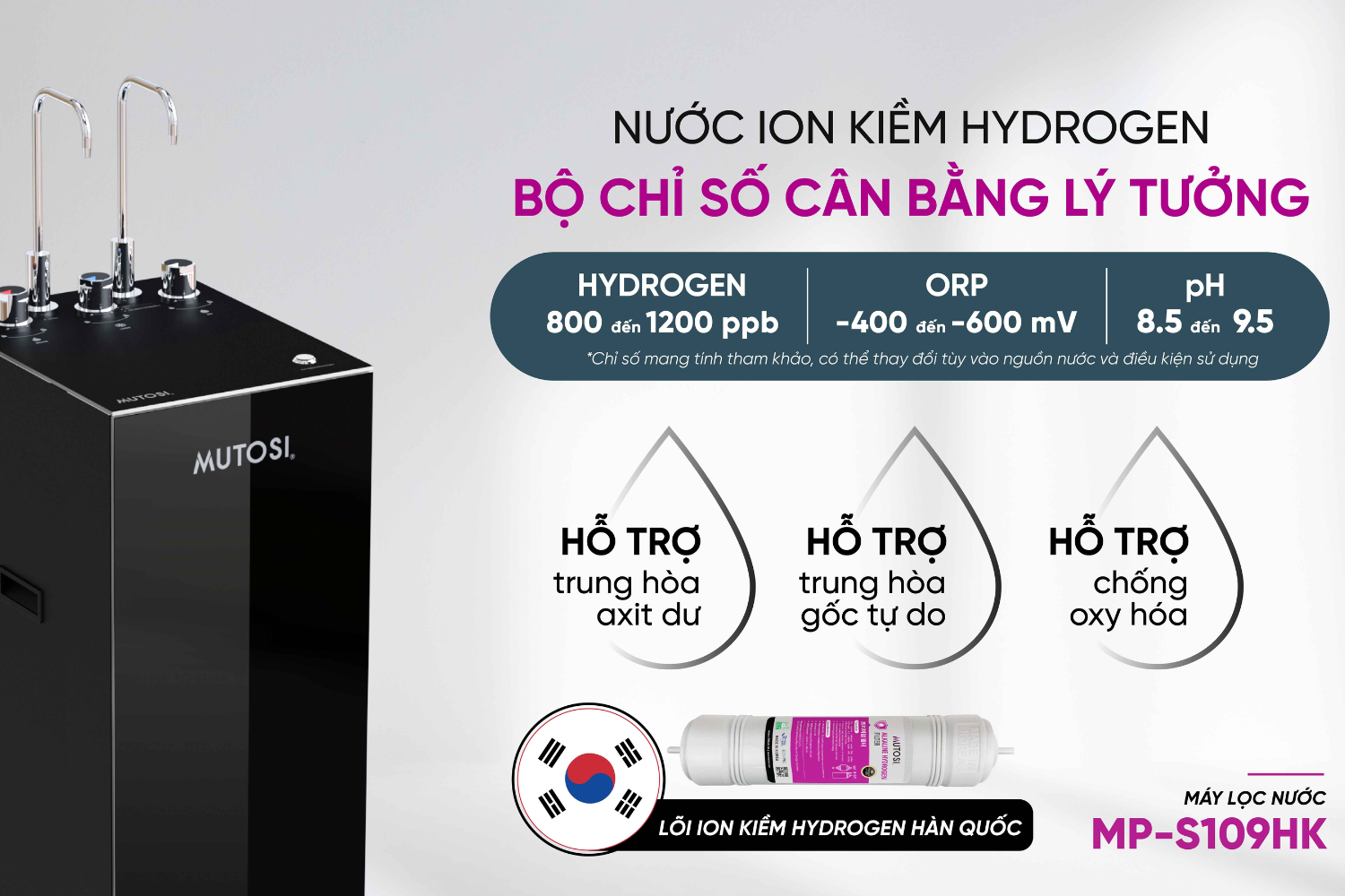 Điểm nổi bật của Mutosi MP-S109HK chính là khả năng tạo nước ion kiềm giàu Hydrogen