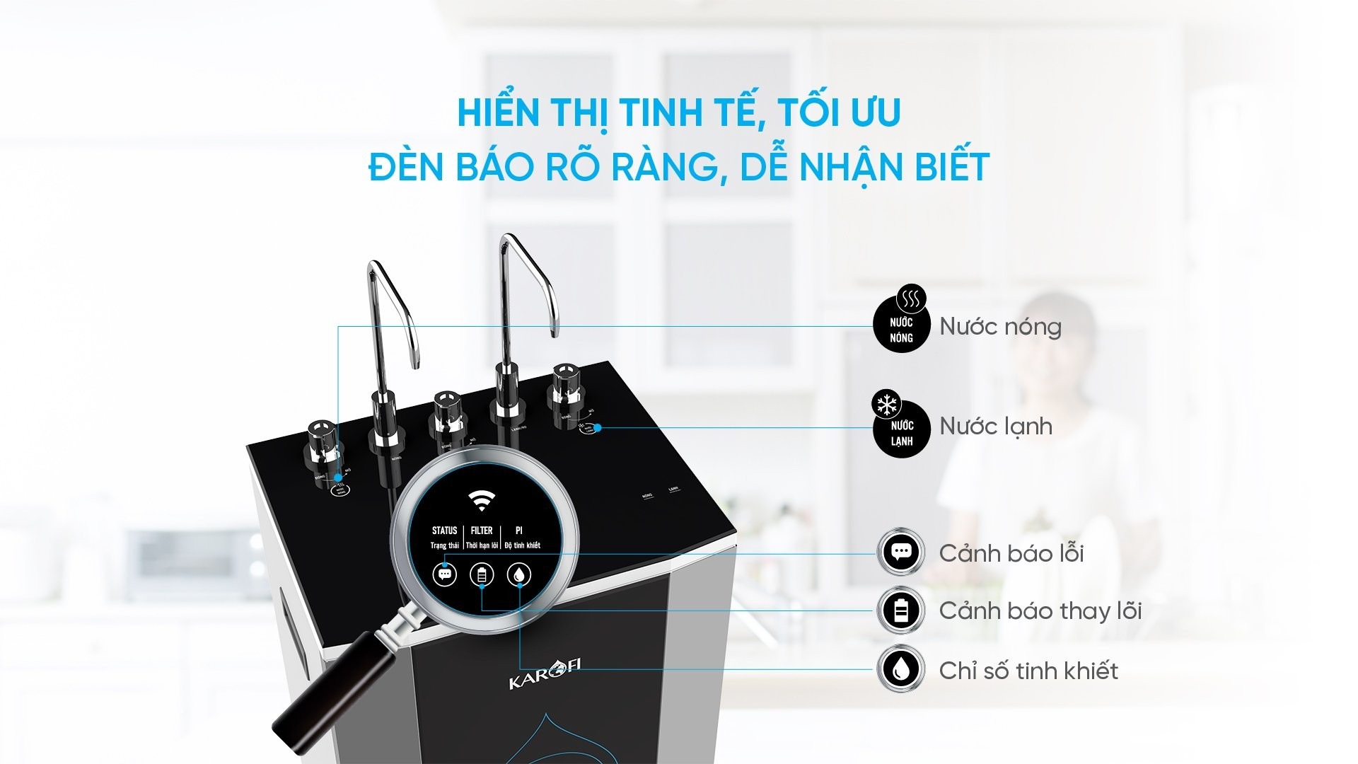 Karofi KAD-D50 cung cấp chế độ hiển thị đèn báo rõ ràng, tinh tế