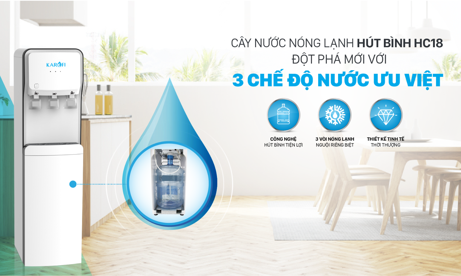Cây nước Karofi HC18 ứng dụng công nghệ hút bình tiện lợi