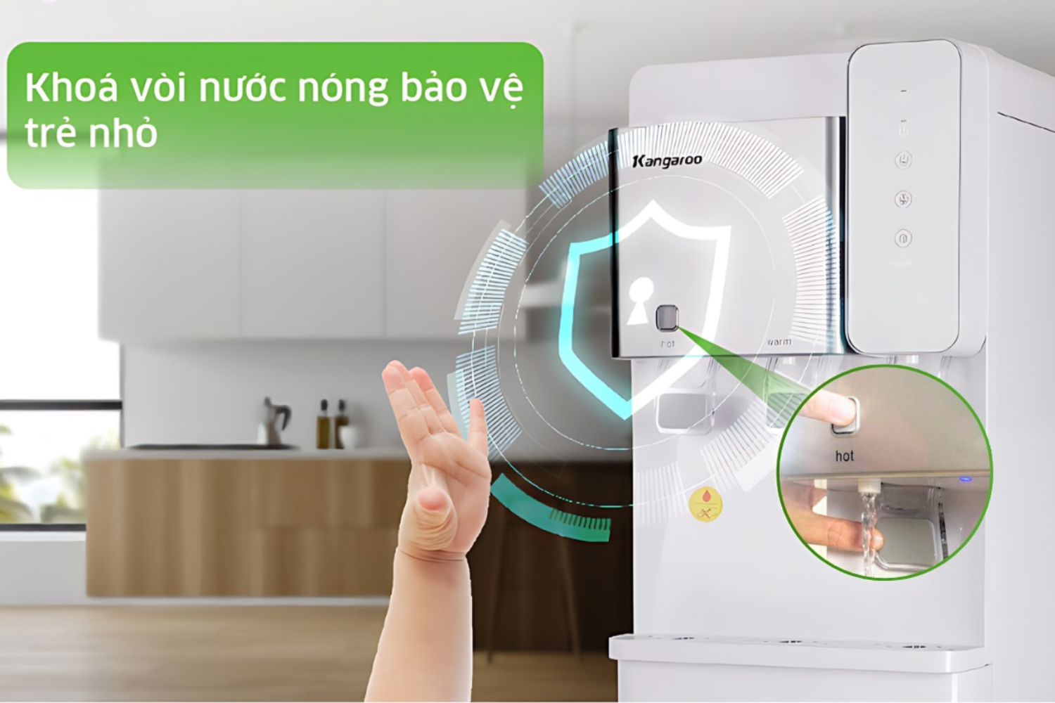 Máy được trang bị khóa nước nóng an toàn, bảo vệ người dùng khỏi nguy cơ bị bỏng