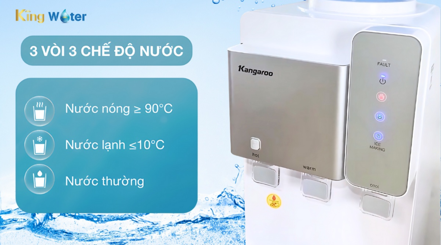 Kangaroo KG65A3 còn là một cây nước nóng lạnh tiêu chuẩn với 3 vòi lấy nước riêng biệt