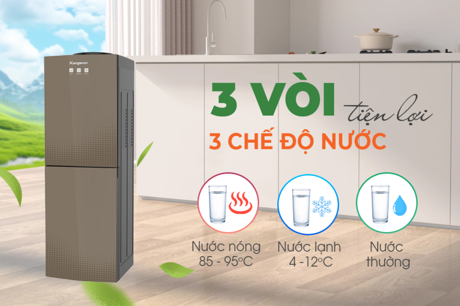 Kangaroo KG58A3&nbsp;tích hợp 3 vòi riêng biệt cùng 3 chế độ nước nóng – lạnh – nguội