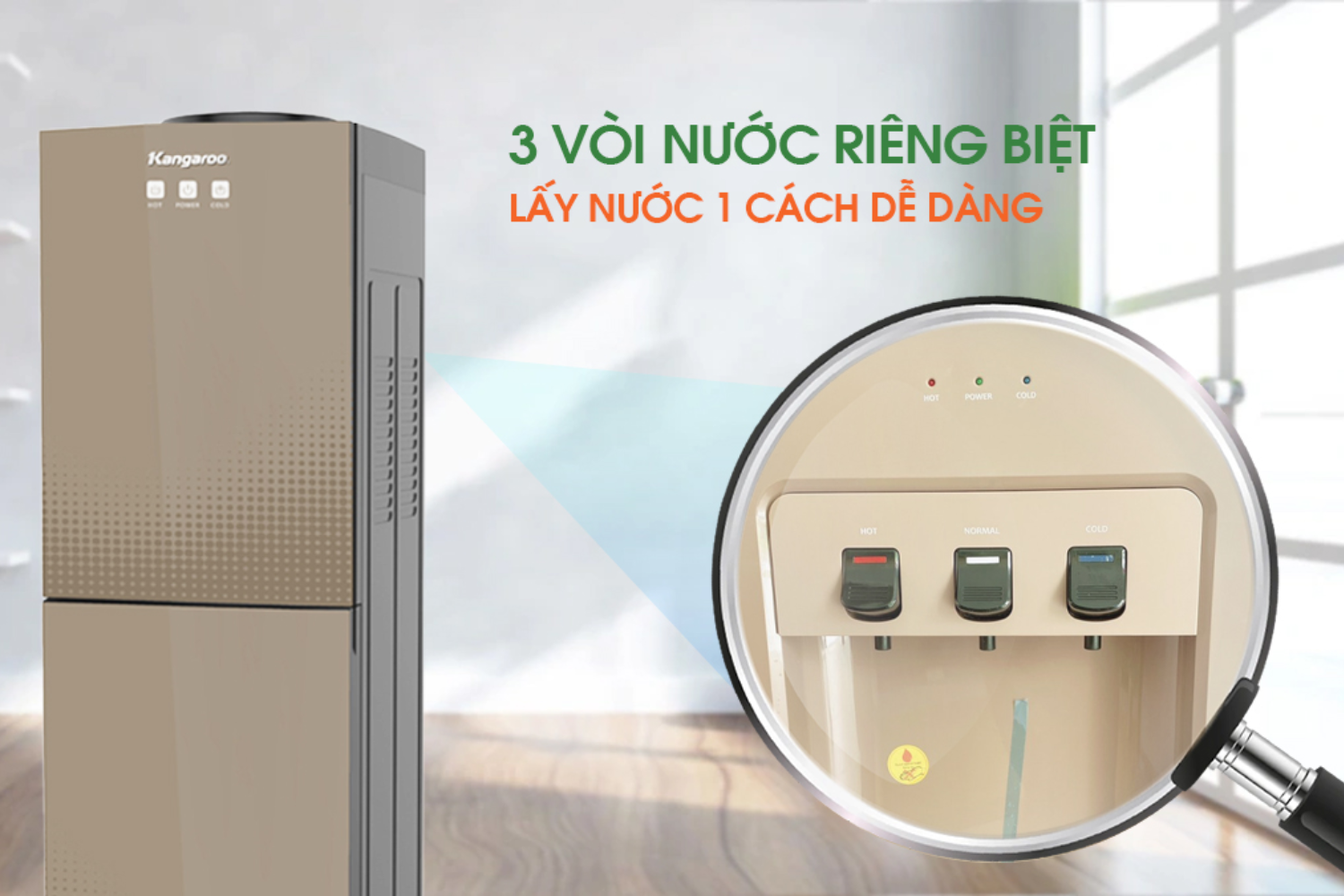 Kangaroo KG58A3&nbsp;tích hợp 3 vòi riêng biệt cùng 3 chế độ nước nóng – lạnh – nguội