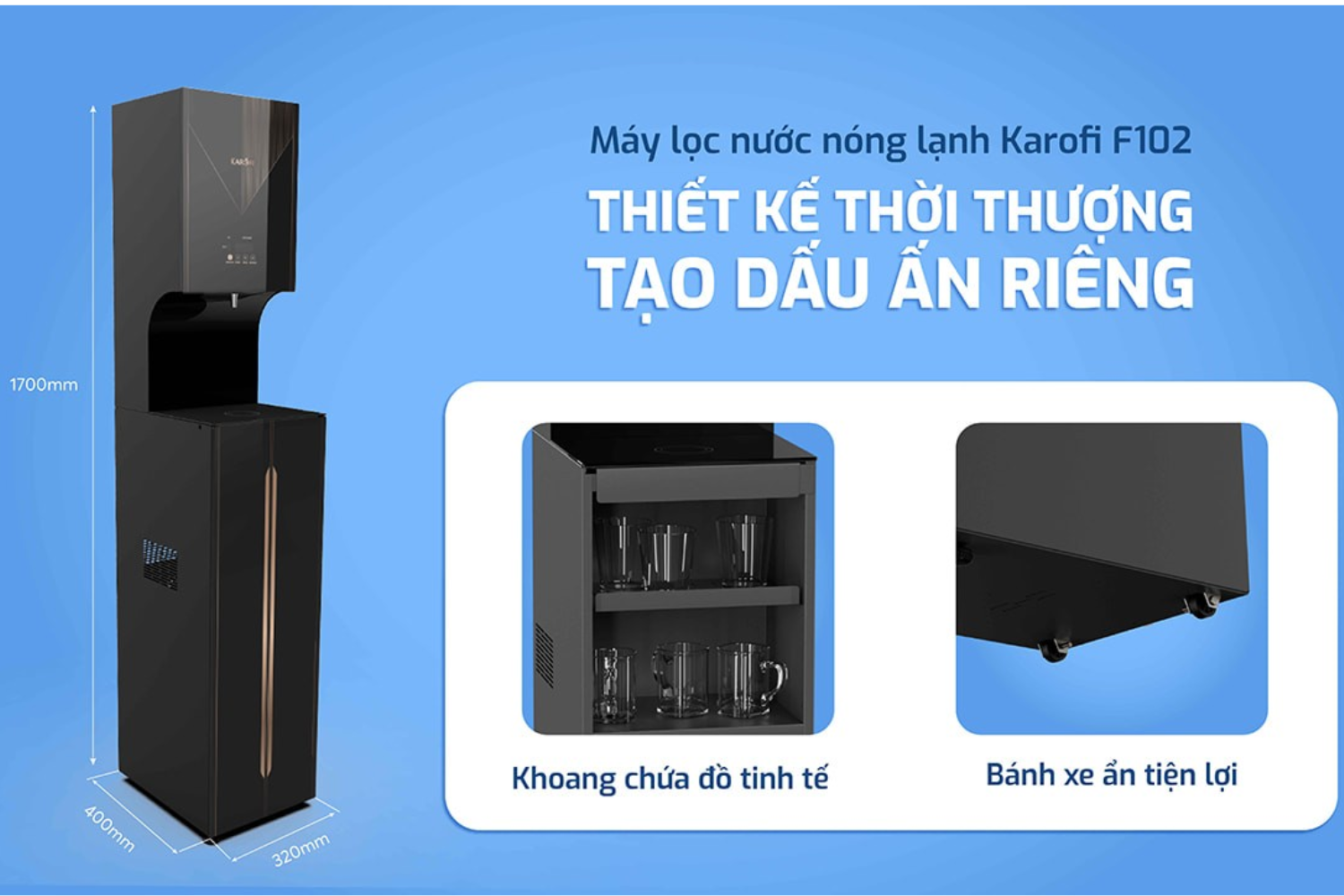 Karofi&nbsp;KAD-F102 trang bị khoang chứa đồ ẩn cùng bánh xa linh hoạt di chuyển