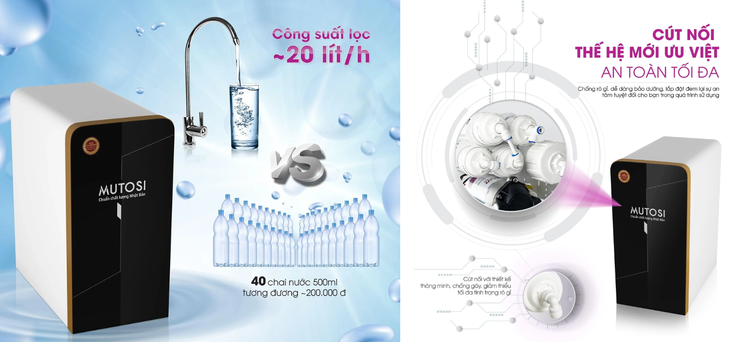 Mutosi MP-370U có công suất 20 lít/giờ cùng tỷ lệ thu hồi nước tinh khiết 50:50