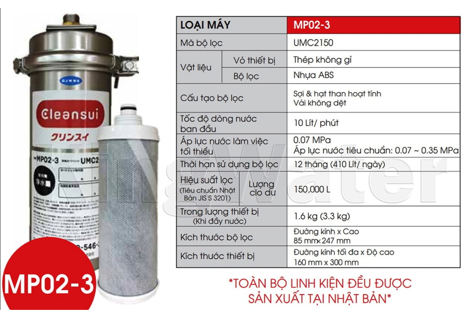 Thông số kĩ thuật máy lọc nước Cleansui MP02-3