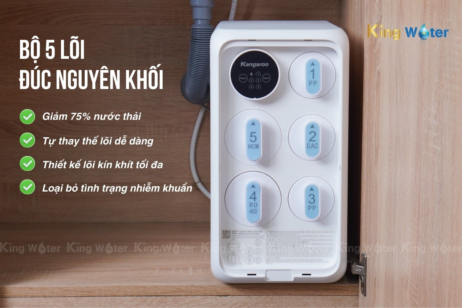 Máy lọc nước Kangaroo&nbsp;KG400US sở hữu hệ thống 5 lõi đúc nguyên khối, dễ dàng thay lõi