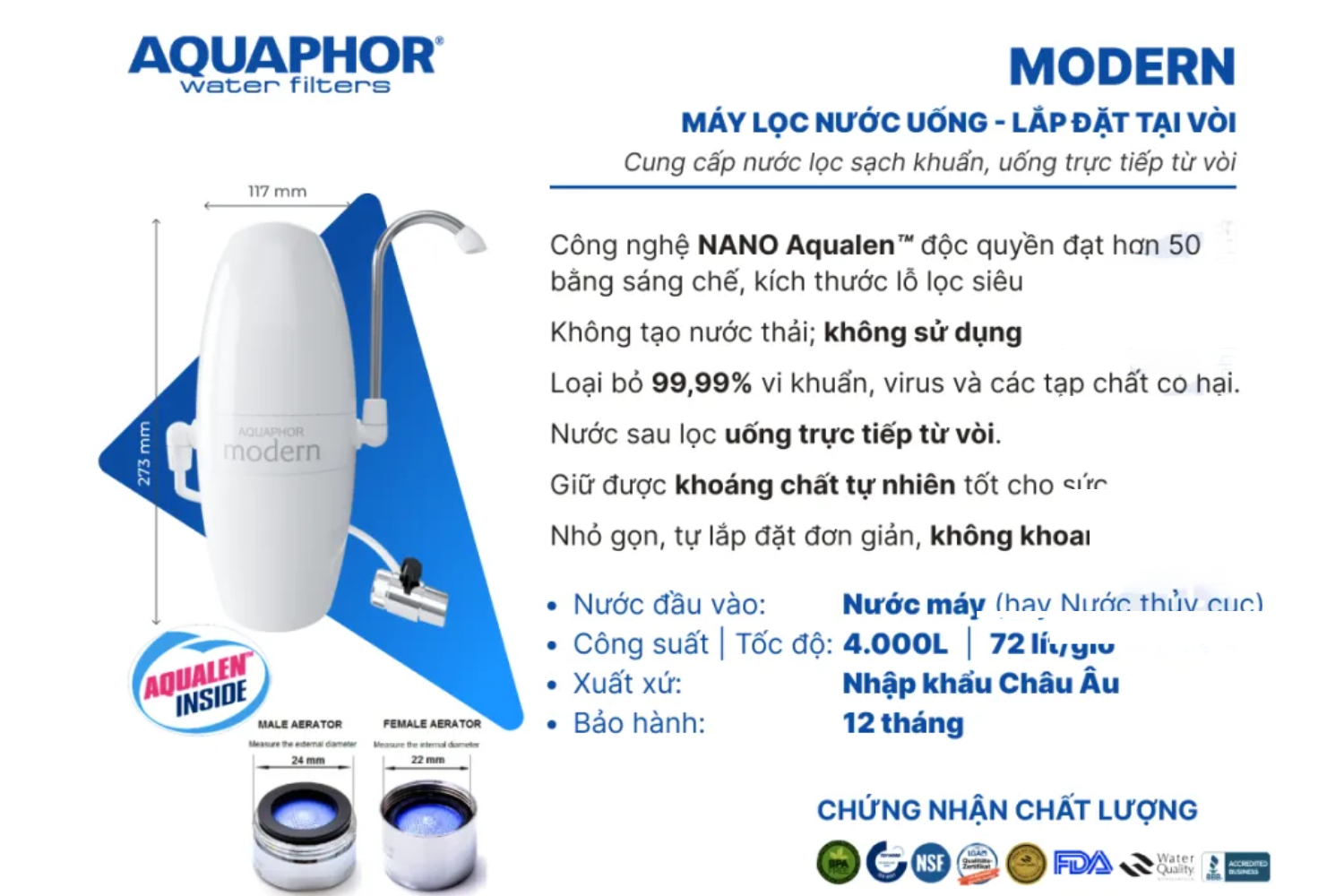 Máy lọc nước Aquaphor Modern (AO 05) tích hợp công nghệ lọc hiện đại