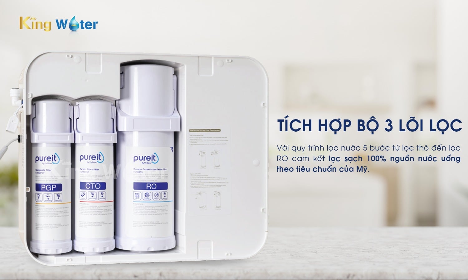 Pureit Delica UR5840 tích hợp bộ 3 lõi lọc cam kết lọc sạch 100%