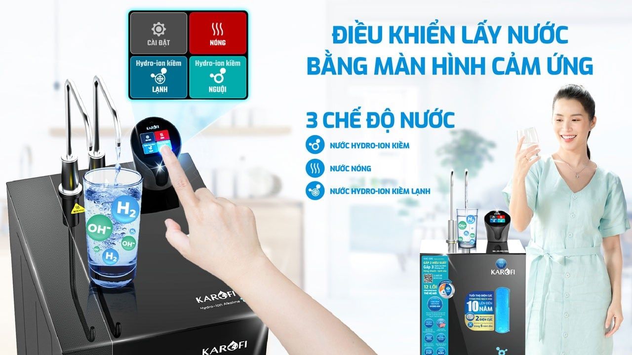 Màn hình cảm ứng thông minh của máy lọc nước Karofi KAE-S86 với các chế độ nước nóng, lạnh và hydro-ion kiềm
