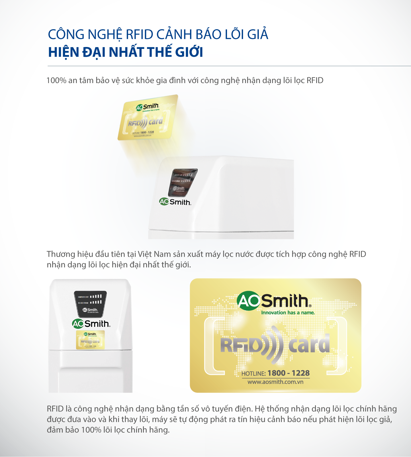 AoSmith R400E được trang bị công nghệ RFID (Radio Frequency Identification) tiên tiến giúp nhận diện lõi lọc chính hãng thông qua tần số vô tuyến