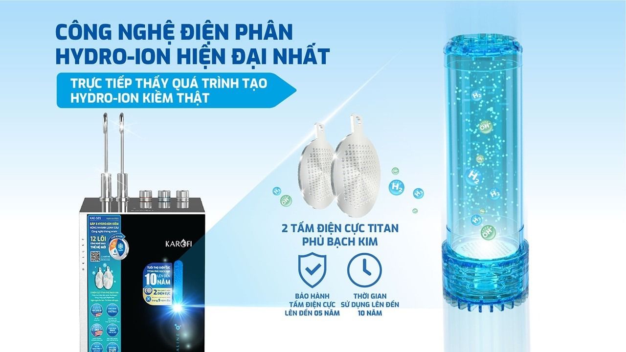 Bộ điện phân karofi hydro-ion - Quan sát vận hành trực tiếp qua lõi trong suốt