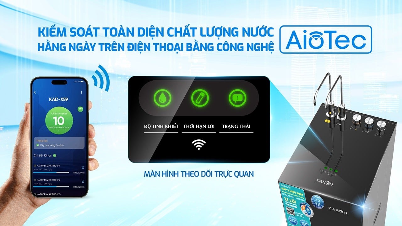 Máy lọc nước&nbsp;KAD-X59&nbsp;tích hợp công nghệ AioTec giúp giám sát chất lượng nước
