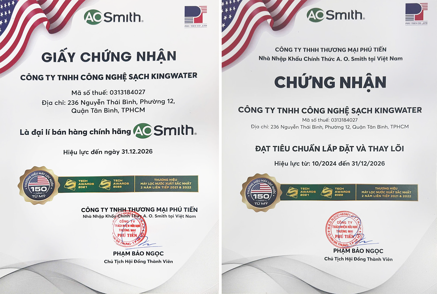 Chứng nhận đại lý phân phối, thay lõi và sửa chữa máy lọc nước AO Smith chính hãng