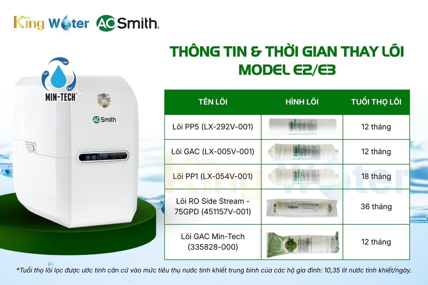 Thông tin và thời gian thay combo 5 lõi AO Smith E2/E3