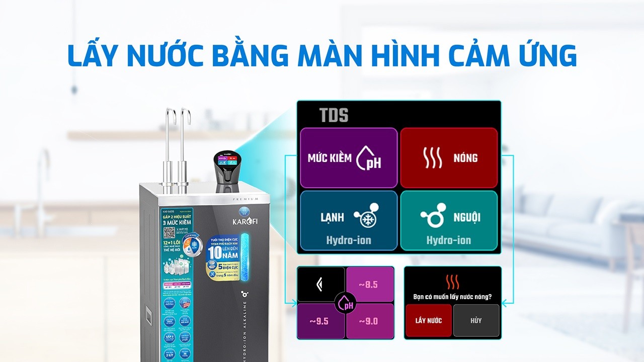 Máy lọc nước&nbsp;Hydro-Ion kiềm KAE-S695 trang bị chạm cảm ứng giúp lấy nước nhanh chống và dễ dàng