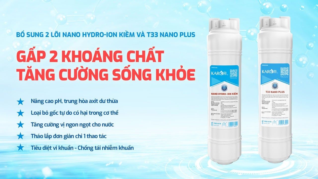 Bộ đôi lõi Nano Hydro-ion kiềm và T33 Nano Plus Karofi gấp 2 khoáng chất