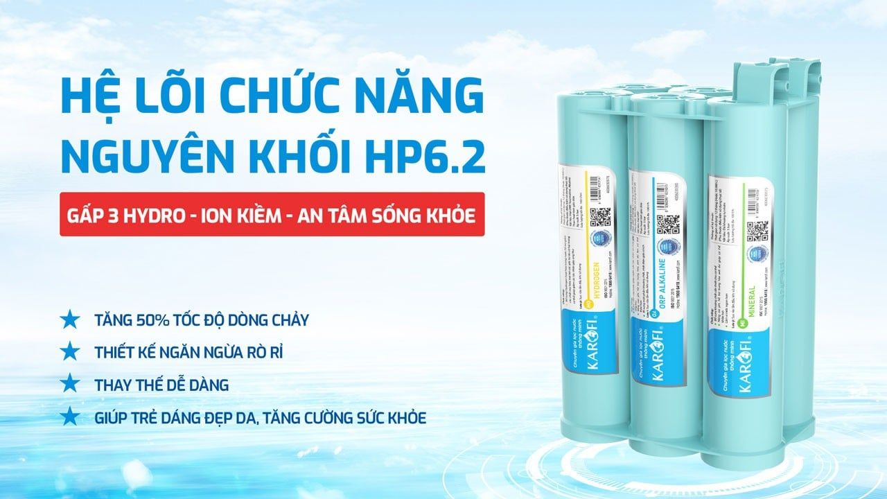 Hệ lõi HP6.2 Karofi Hydro – ion kiềm – khoáng, thiết kế nguyên khối chống rò rỉ