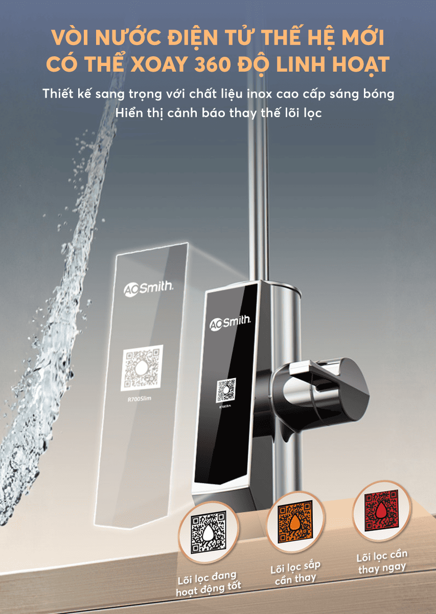 Máy AO Smith R700Slim tích hợp vòi điện tử thế hệ mới, hiển thị cảnh báo thay lõi trên thân vòi