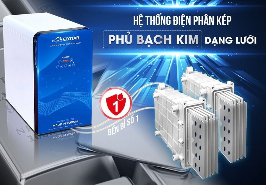 Máy ion kiềm Geyser Ecotar 9 sử dụng hệ thống điện cực Titanium kép phủ bạch kim thế hệ mới