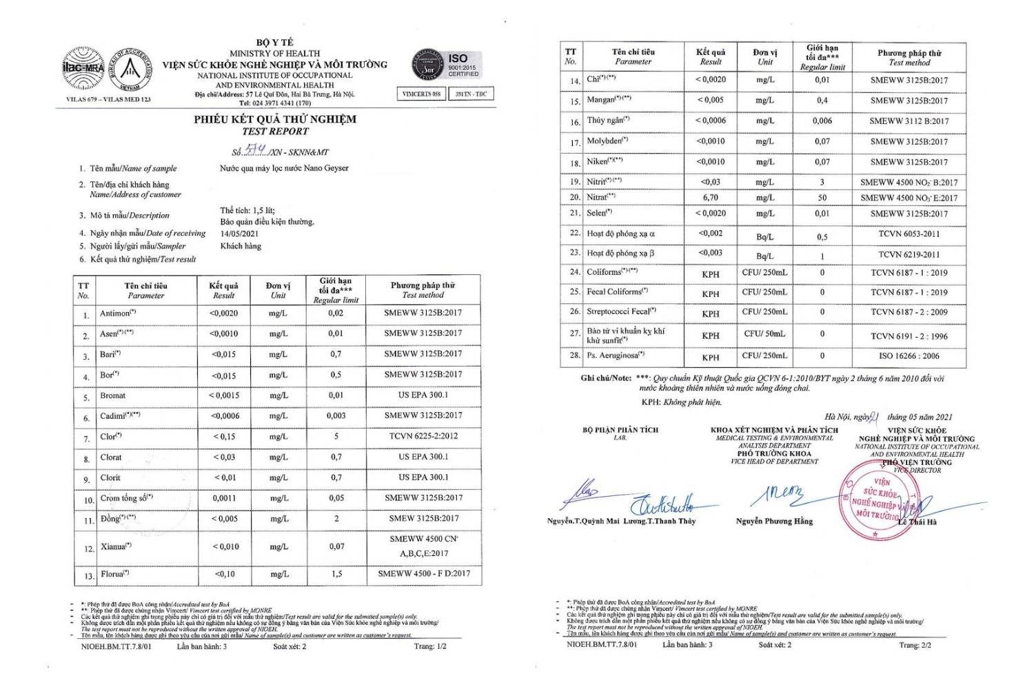 Nước được lọc qua dòng máy Nano Geyser đạt chứng nhận an toàn chất lượng của Bộ Y Tế