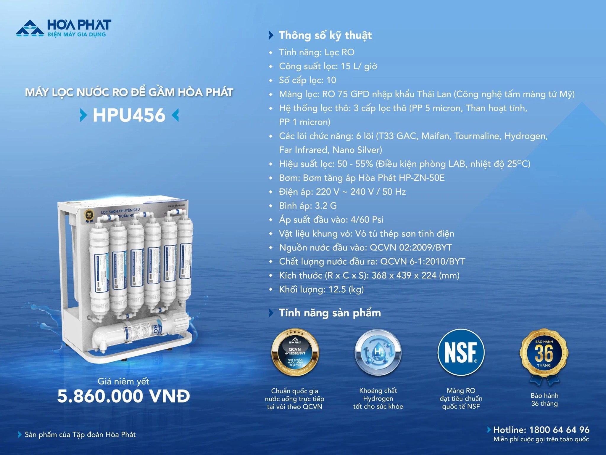 Máy lọc nước RO để gầm Hòa Phát HPU456