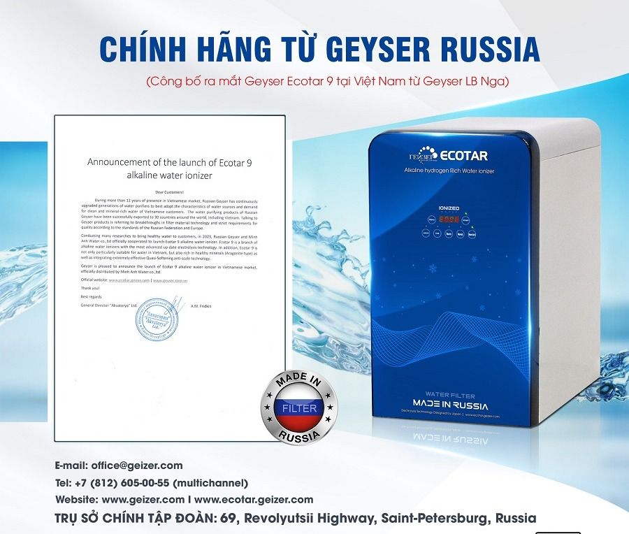 Máy ion kiềm Geyser Ecotar 9 là sản phẩm chính hãng đến từ tập đoàn Geyser của Nga