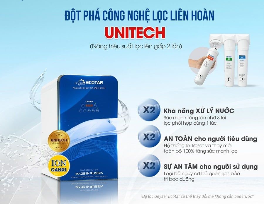 Máy ion kiềm Geyser Ecotar 9 tích hợp công nghệ Unitech lọc nano tổng hợp 4 trong 1 liên hoàn