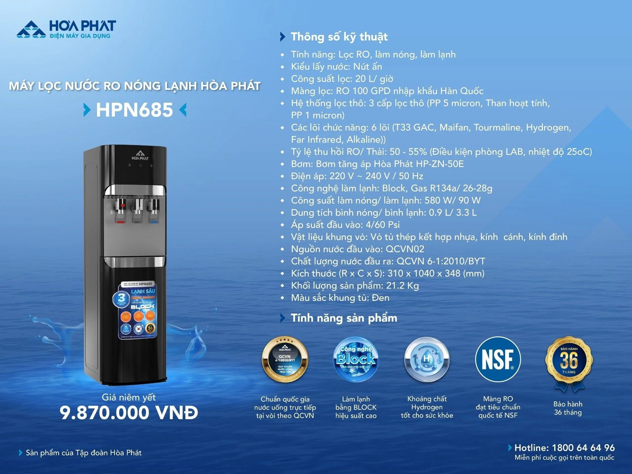 Máy lọc nước RO nóng nguội lạnh Hòa Phát HPN685