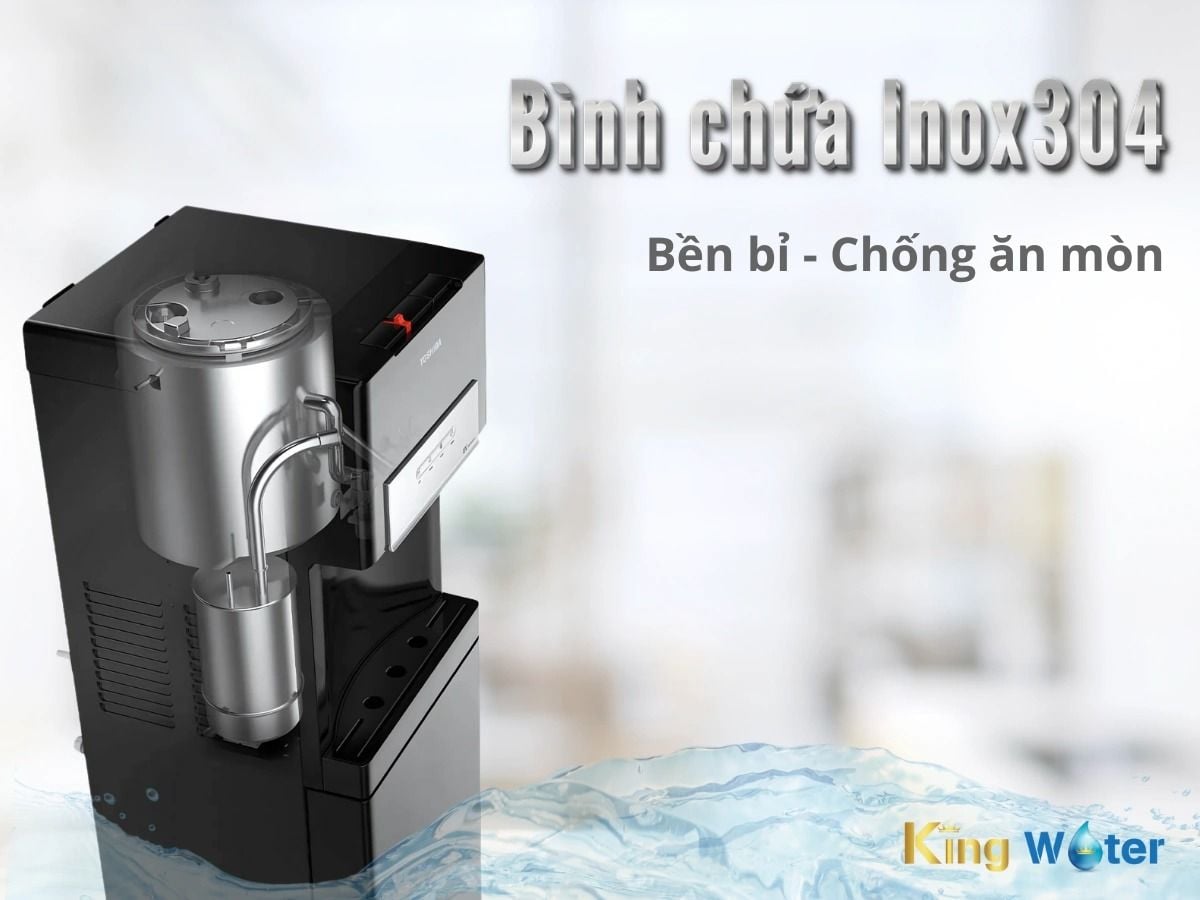 Bộ phận tiếp xúc trực tiếp với nước, bao gồm vòi và bình chứa, được làm từ chất liệu thép không gỉ SUS304