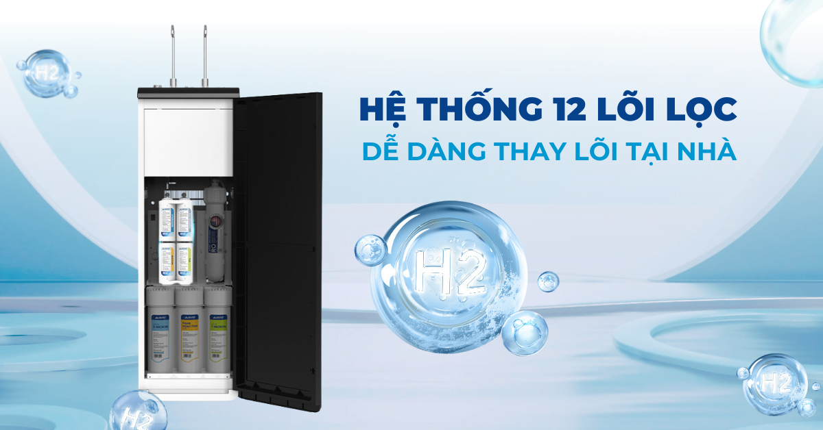 Hệ thống 12 cấp lọc mạnh mẽ, dễ dàng thay lõi tại nhà