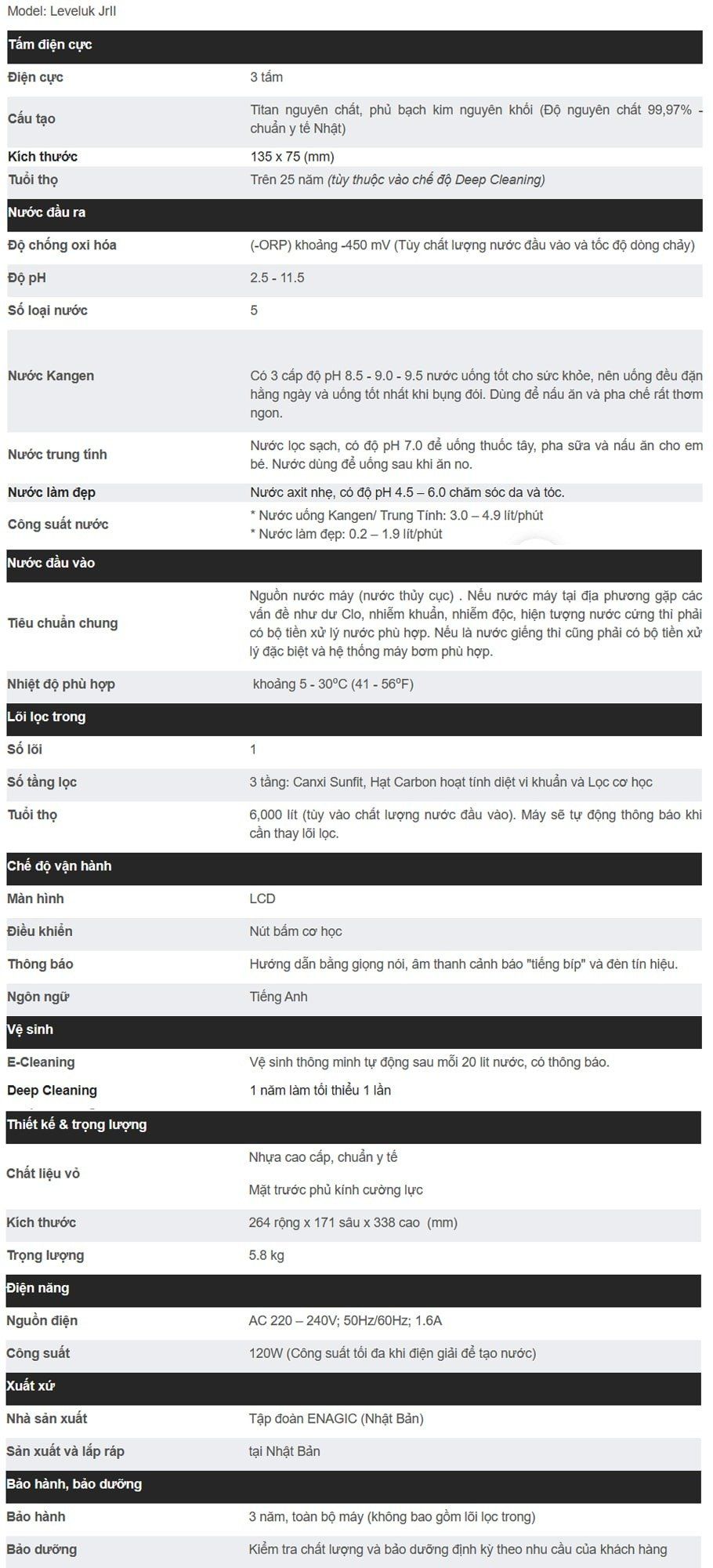 Thông số kĩ thuật máy lọc nước điện giải ion kiềm Kangen LeveLuk JrII