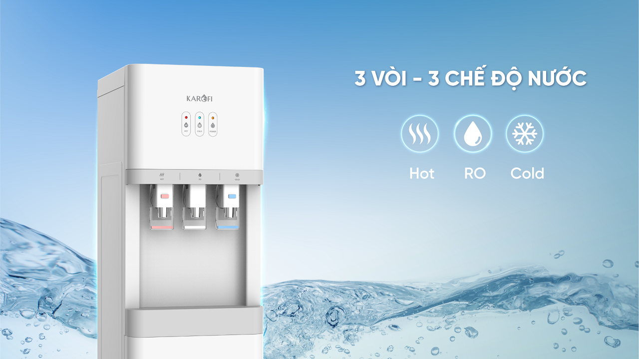 Cây nước Karofi HCV206 có thiết kế 3 vòi độc lập với màu sắc hồng, trắng và xanh