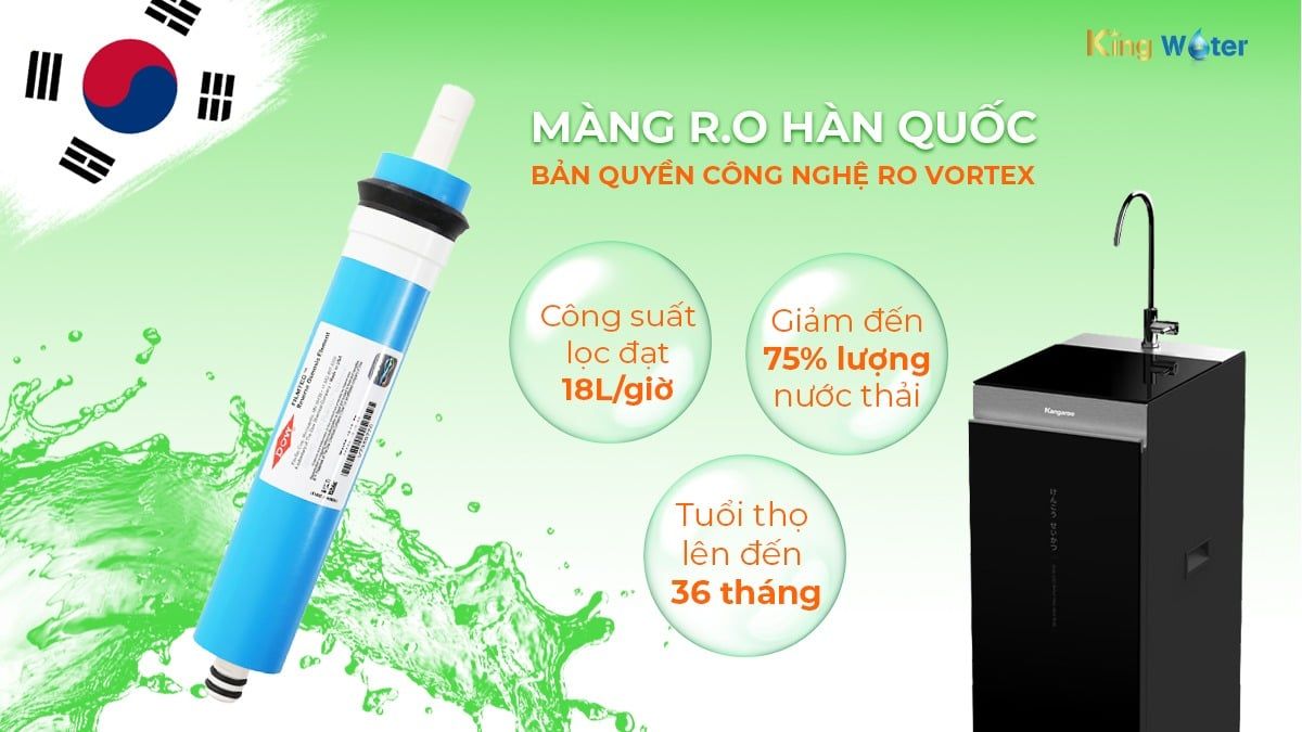 Kangaroo KG100H trang bị màng lọc RO Vortex sản xuất tại Hàn Quốc